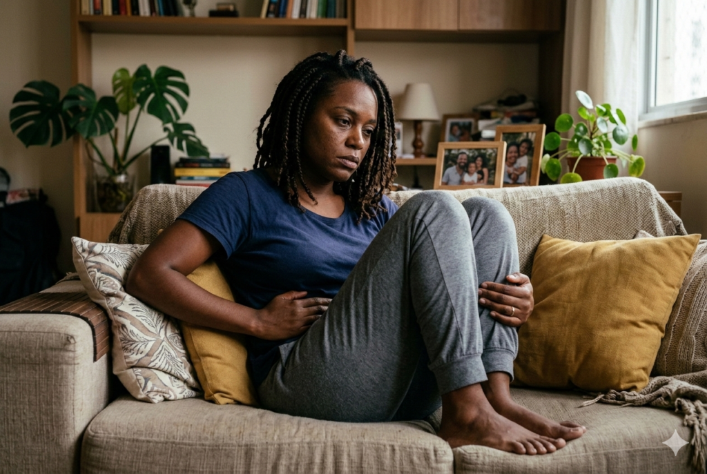 mulher com sintomas de TPM tensão pré-menstrual cansaço e irritabilidade