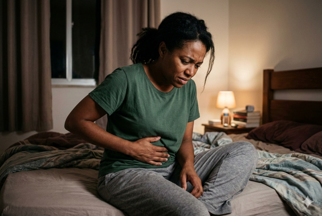mulher com dor abdominal e cansaço emocional por sintomas de TPM
