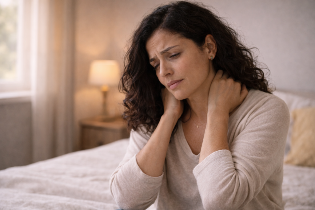 mulher com fibromialgia sentindo dores generalizadas pelo corpo