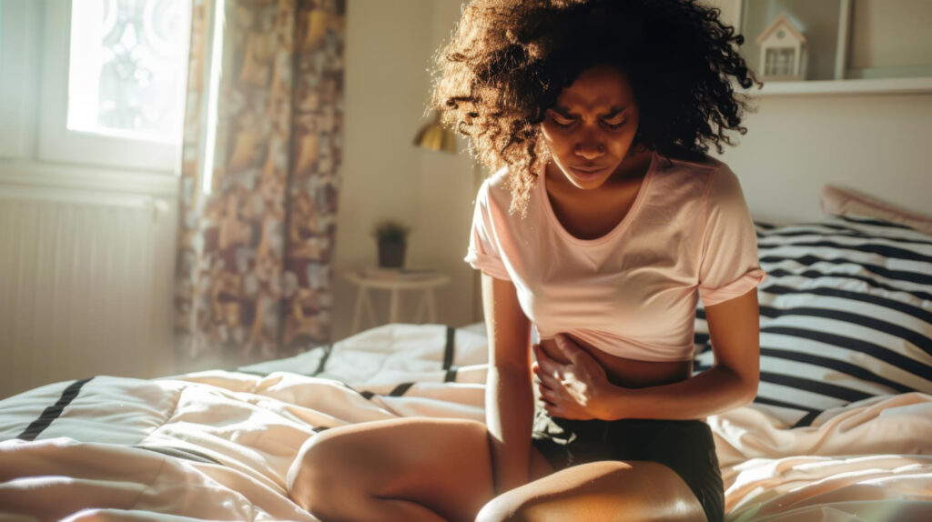 mulher com cólica menstrual sentindo dor abdominal intensa